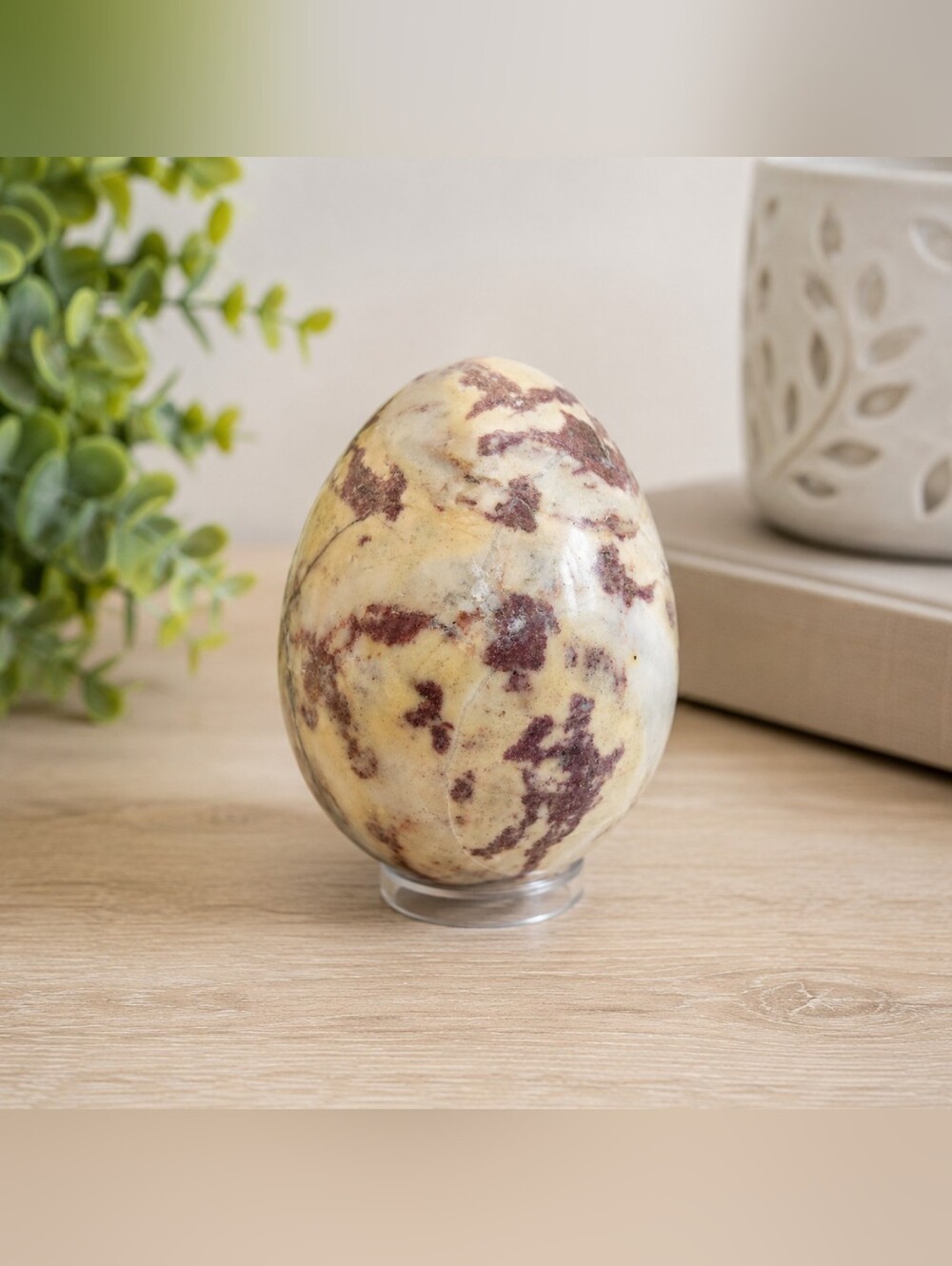 Polished Stone Egg Cream & Burgundy Decorative Crystal Mineral Egg 3" Display